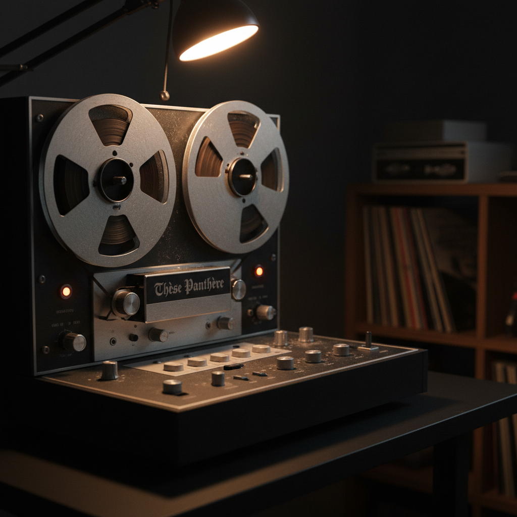 A close-up, photographic image of a vintage reel-to-reel tape machine on a matte black console, its brushed steel reels motionless, holding the completed body of work titled “Thèse Panthère.” Fine dust speckles the metal surface, and small indicator lights glow softly like embers. The scene is lit by a single warm desk lamp from above, creating dramatic side lighting that sculpts the contours of knobs and switches. The background fades into velvety darkness, with only hints of shelves and stacked tapes. Framed using the rule of thirds and a shallow depth of field, the atmosphere is quiet, sophisticated, and introspective, capturing the weight of preserved emotions and memories in sound.