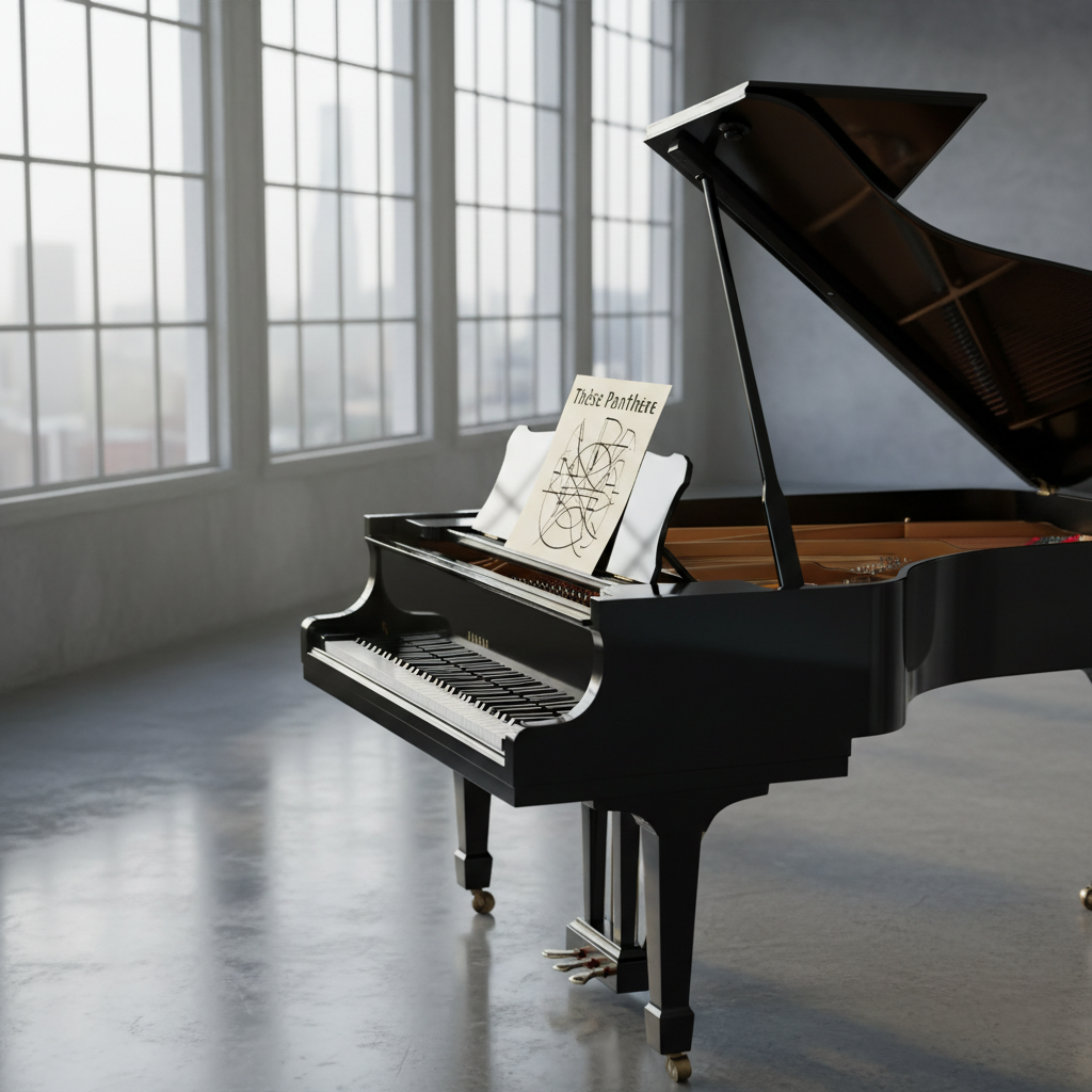 A grand piano in photographic realism, its glossy black lid half-open, revealing strings that catch soft morning light streaming through tall industrial windows. On the music stand lies a single, slightly curled sheet titled “Thèse Panthère,” rendered as abstract lines and shapes instead of readable text. The piano stands on a polished concrete floor, scattered with faint reflections of the windows. Light mist outside softens the cityscape, visible as a gentle blur. Captured from a slightly elevated three-quarter angle, the composition emphasizes elegant curves and serene negative space. The mood is contemplative and sophisticated, suggesting introspection, nuanced emotions, and the artist as philosopher quietly arranging life into music.