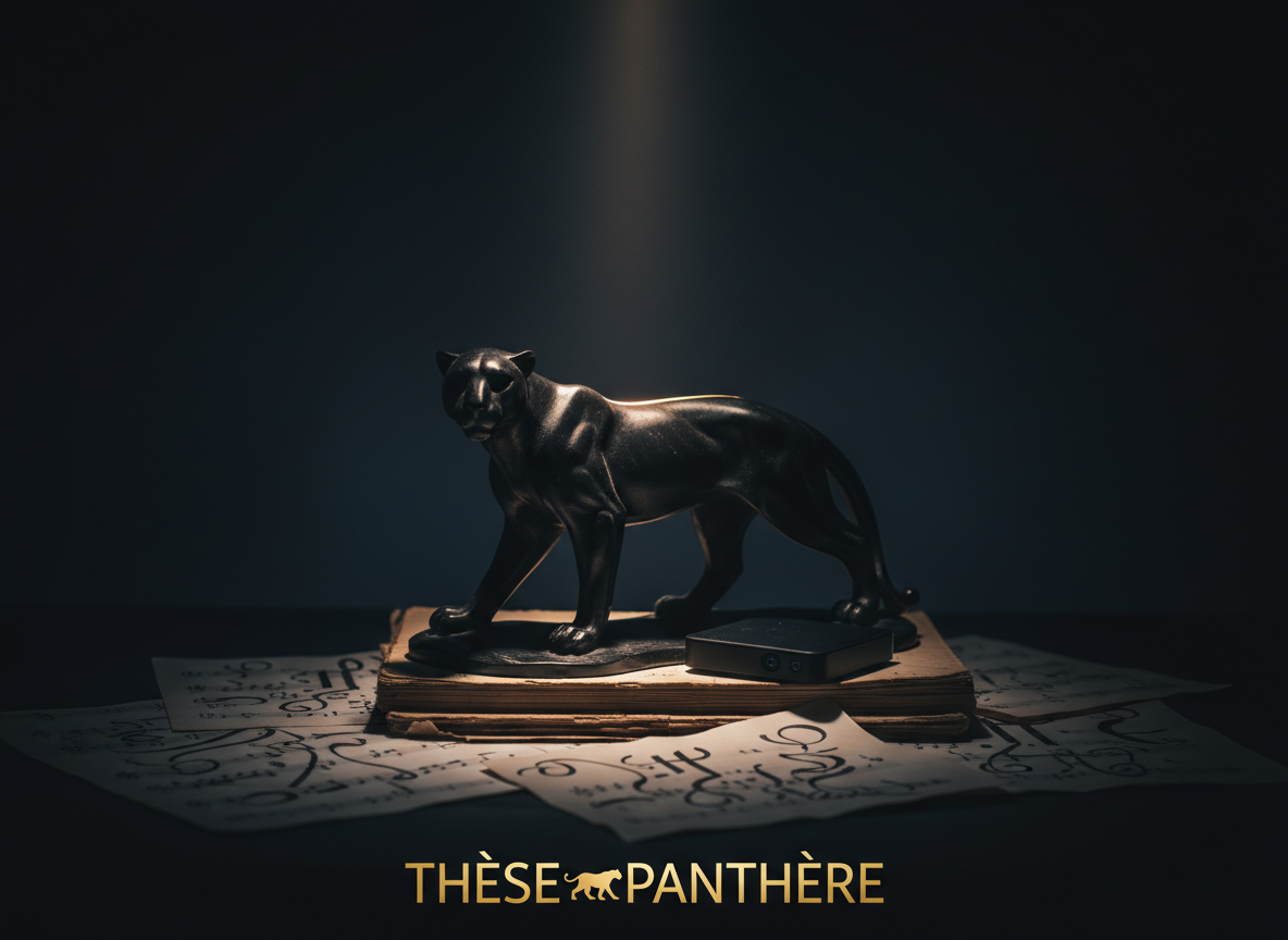 A dark, photographic still life of a sleek black panther figurine carved from obsidian-like stone, poised gracefully atop a stack of worn music notebooks and a small external hard drive. The sculpture’s polished surface catches a razor-thin streak of warm spotlight from above, tracing its spine and face, while the rest remains in velvety shadow. Around it, scattered notation pages display only abstract marks and curves, avoiding readable music. The background dissolves into deep, bluish-black tones. Captured at a low angle with dramatic chiaroscuro lighting and a tight, centered composition, the mood is mysterious, philosophical, and emotionally charged, symbolizing “Thèse Panthère” as a powerful, introspective musical thesis.